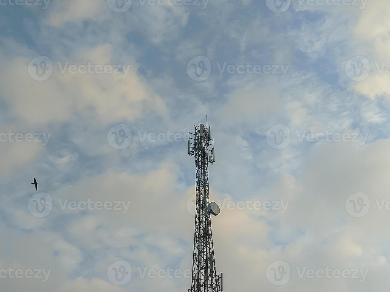 A communication tower stands tall beneath a vibrant sky filled with soft clouds. The presence of a bird in flight adds a dynamic element, highlighting the interaction between nature and technology. photo
