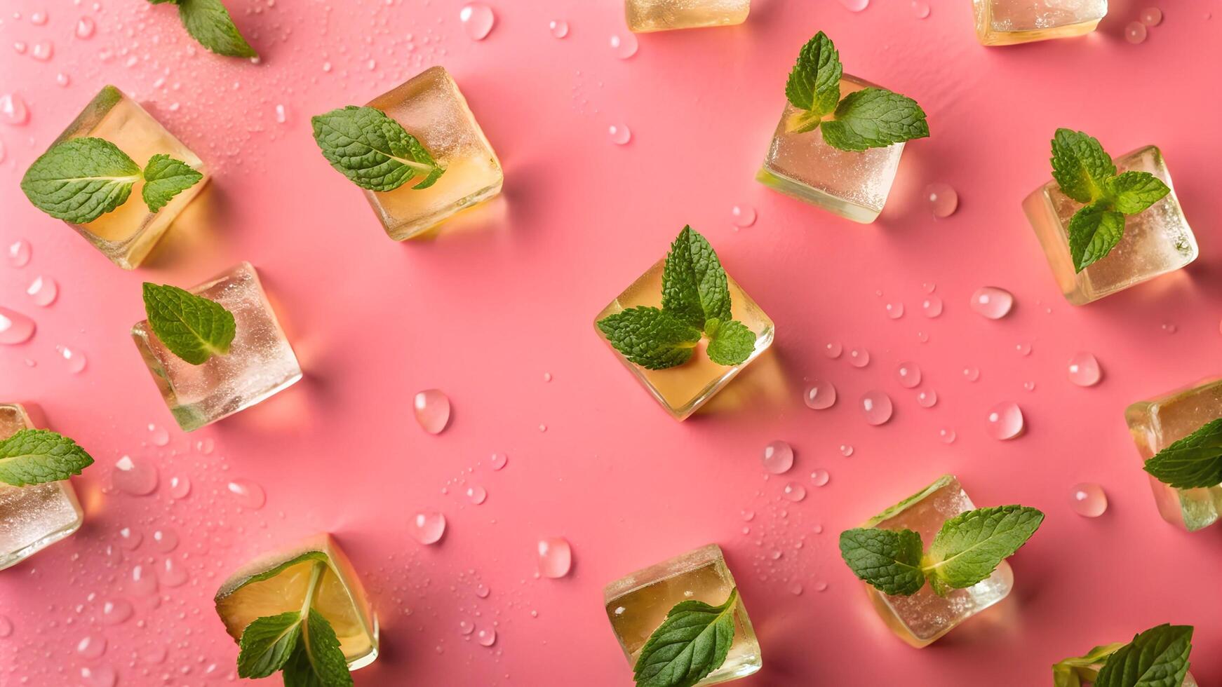 Top view flat lay background with white transparent ice cubes, water droplets, fresh mint leaves, light pink background, soft ambient light photo