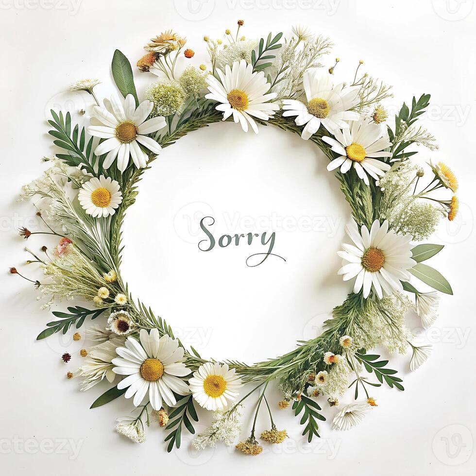 Tender, light, very thin wreath made of daisies and thin leaves, with ideal big white circle copyspace inside and lettering sorry. Perfect white background photo