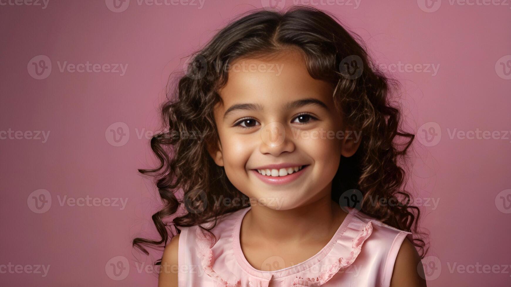 Portrait of little girl with curly hair smiling and looking at camera on pink background. Positive think, attitude, emotion, mental health, happy life concept with copy space photo