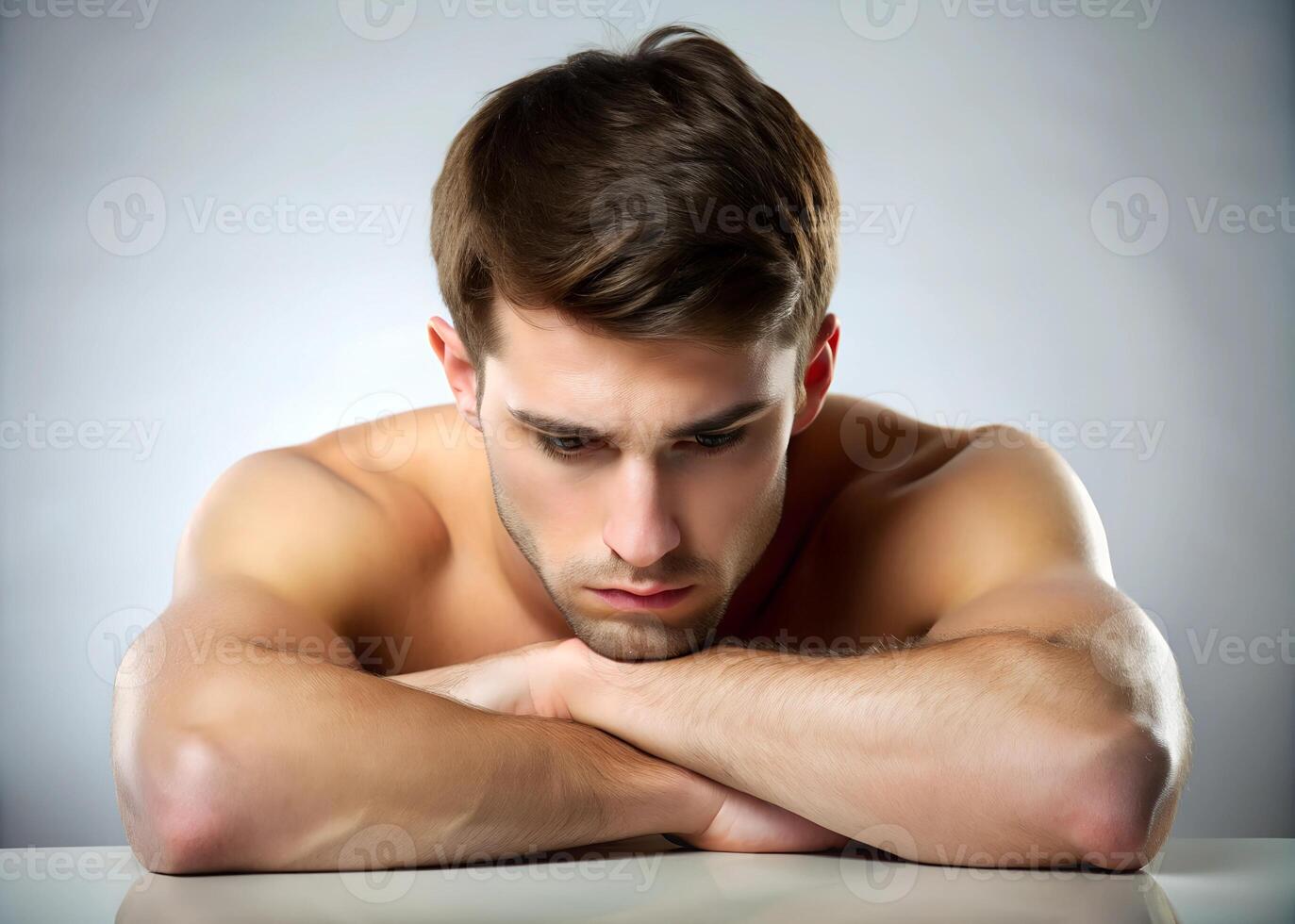 Young lean guy, cleanly shaved face, disheveled, remorseful, with sad face, head down, eyes down to the side, hunched, saying sorry, half length portrait photo