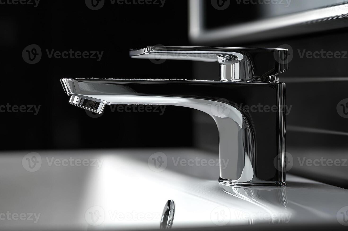 Modern chrome faucet shining on a sink in a dark bathroom photo