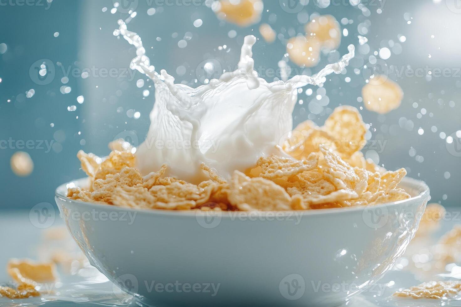 Milk splashing into bowl of cornflakes cereal creating a delicious breakfast photo