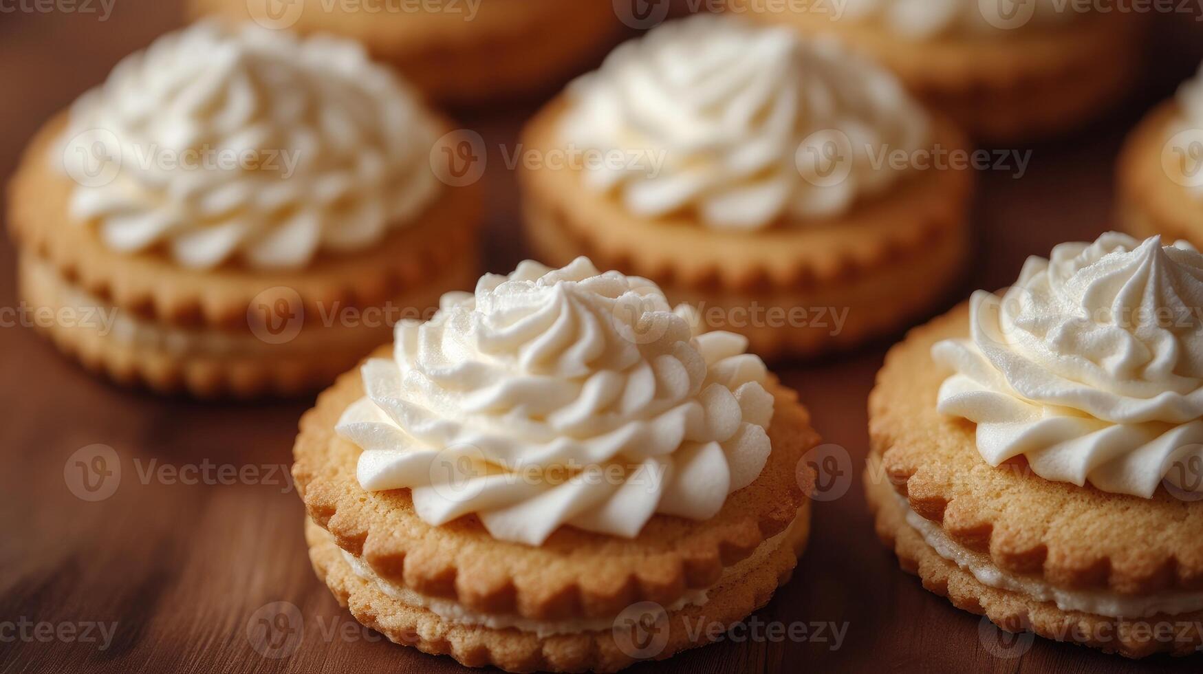 Delicious cookies topped with swirls of white cream cheese frosting resting on dark surface photo