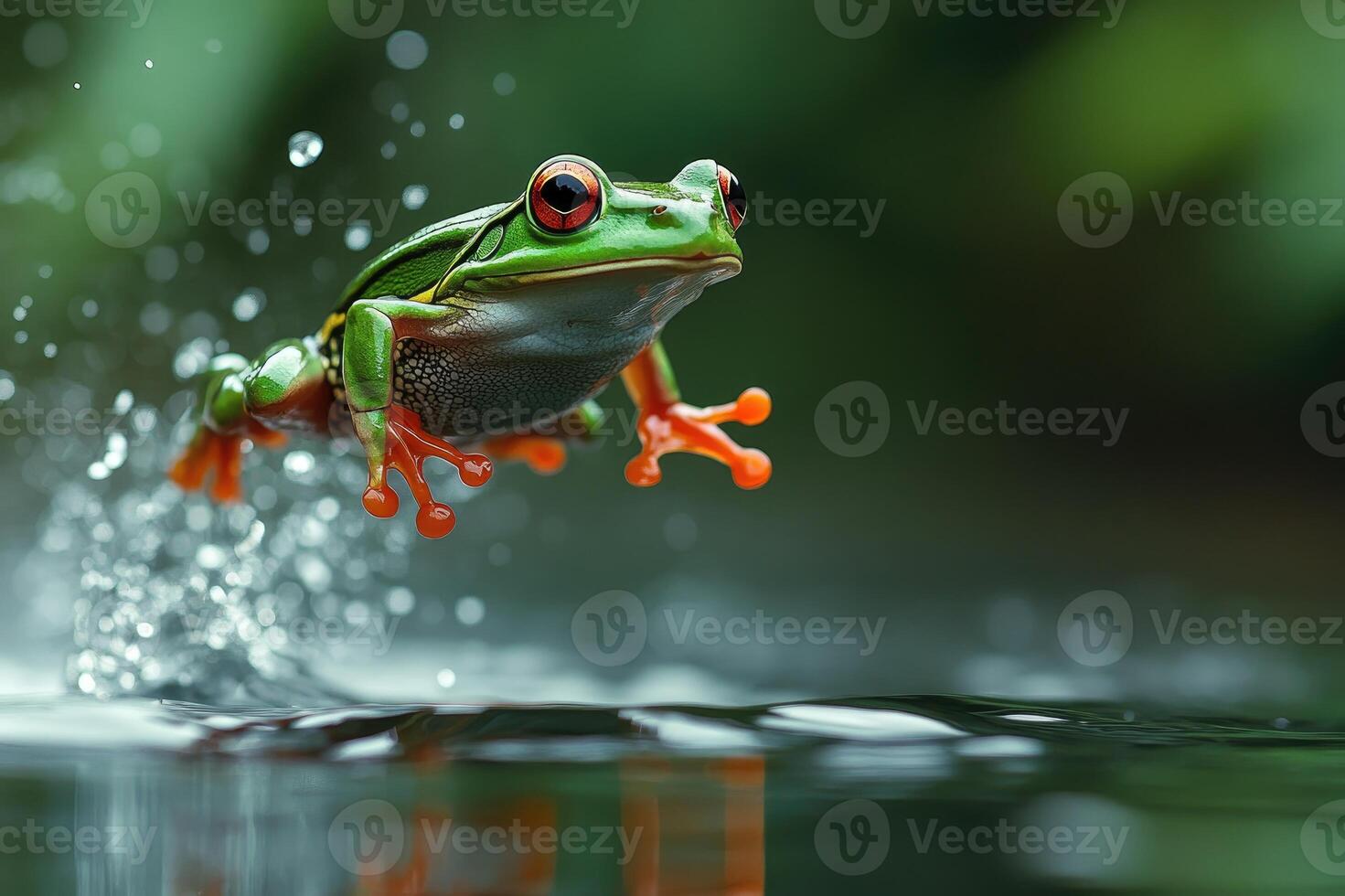 Red-eyed tree frog jumping over water surface splashing water droplets photo
