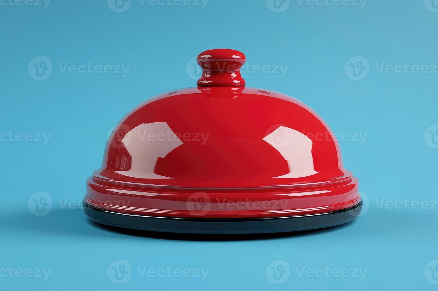 Shiny red restaurant cloche waiting to be lifted on blue background photo