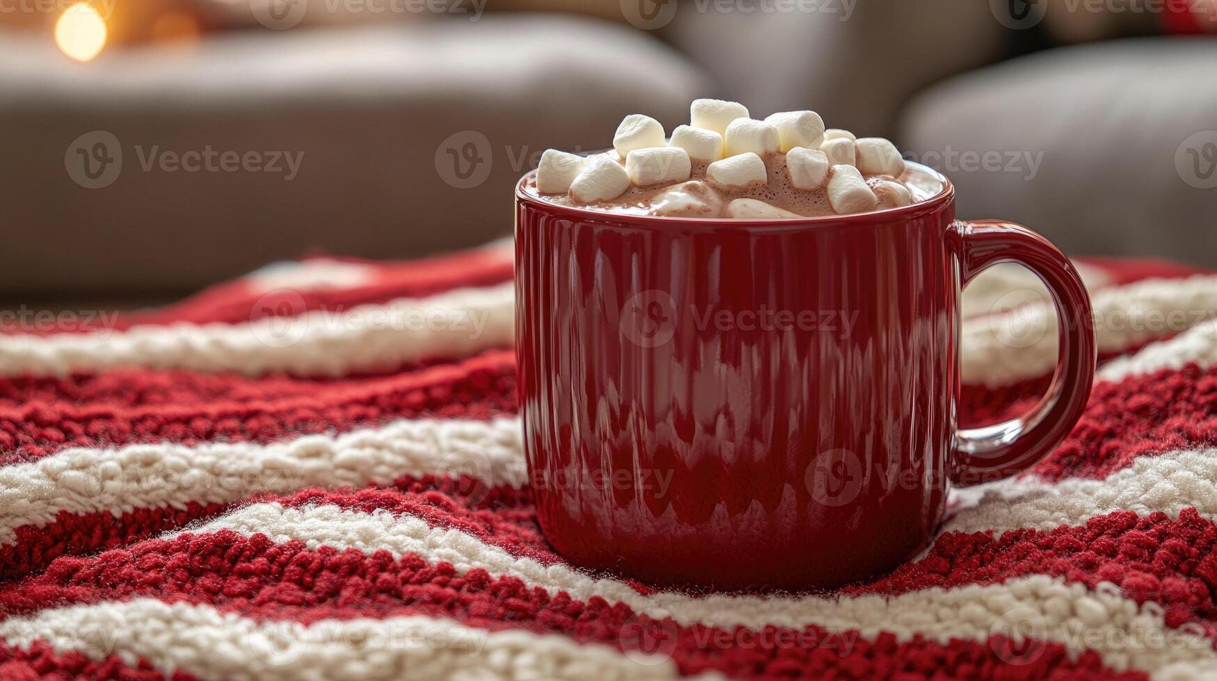 Red mug with hot chocolate and marshmallows warming on a cozy christmas blanket photo