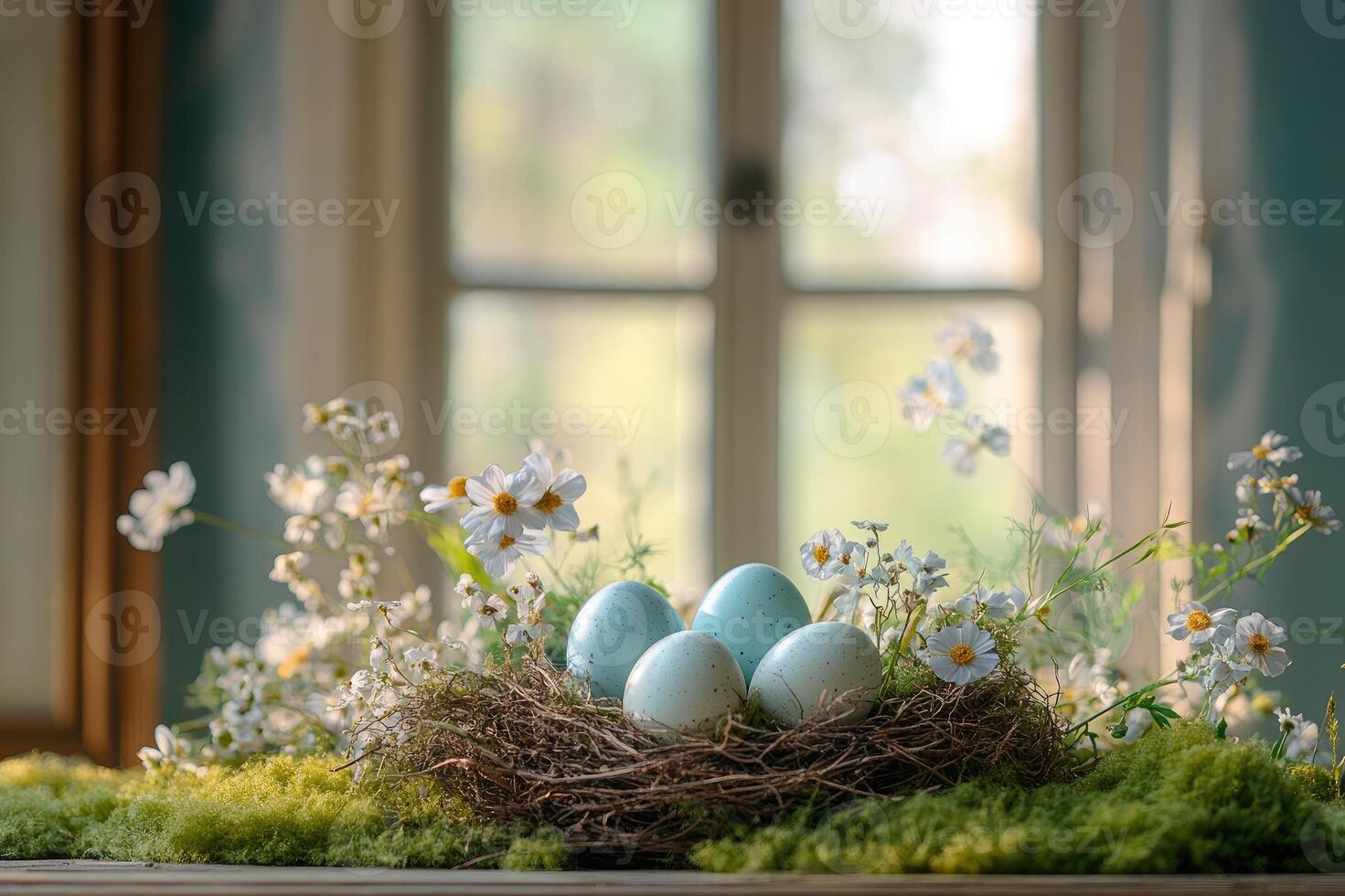Easter eggs nest with spring flowers resting on window sill photo