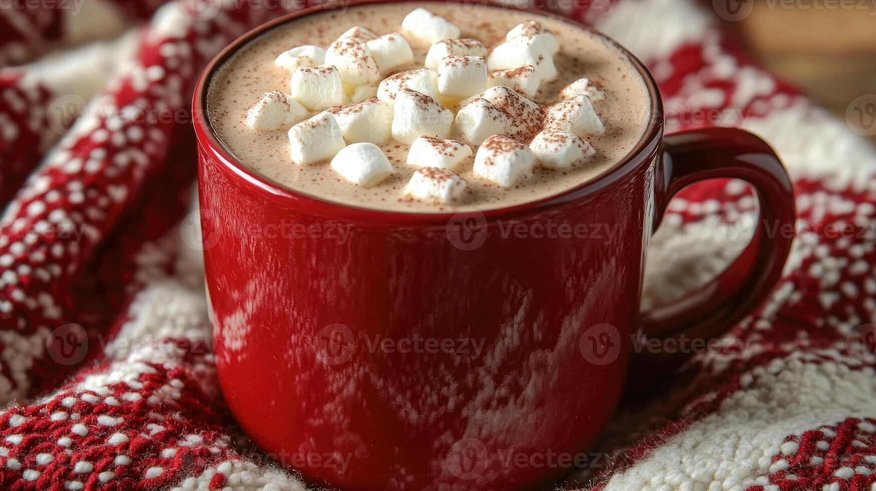 Red mug with hot chocolate and marshmallows warming on a cozy christmas blanket photo