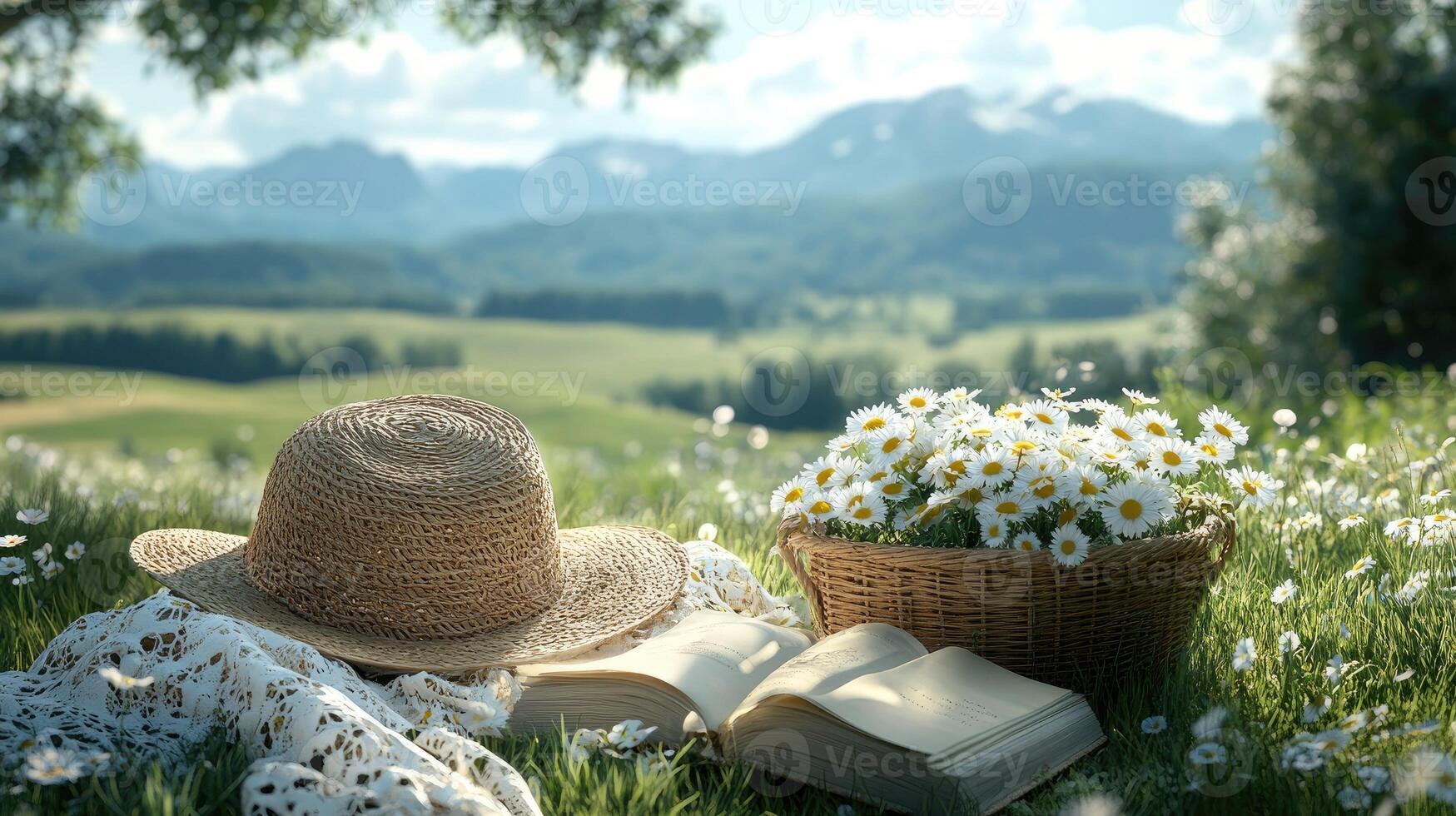 Open book, straw hat, and basket of daisies lying on blanket in mountain meadow photo