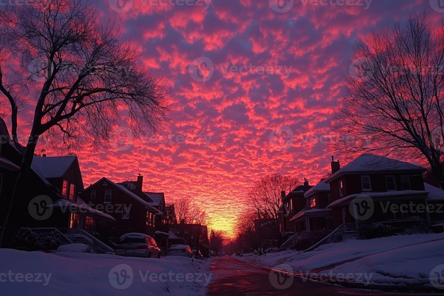 Vibrant pink and purple clouds filling the sky at sunset over snowy street photo