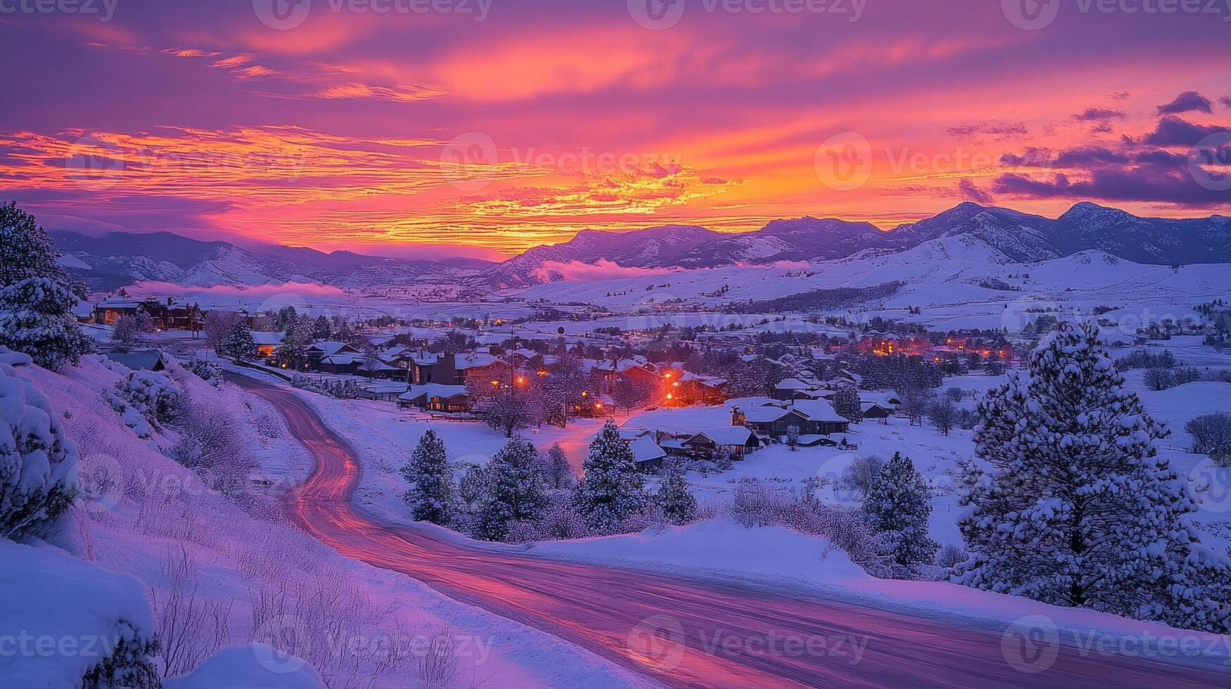 Snowy mountain road leading to illuminated homes at colorful sunrise photo