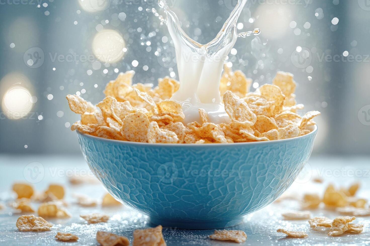 Milk splashing into bowl of cornflakes creating a delicious breakfast photo
