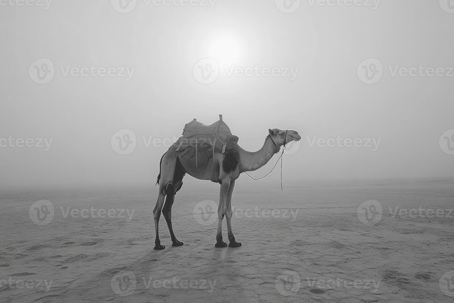 Camel standing in the desert during a foggy sunrise in black and white photo