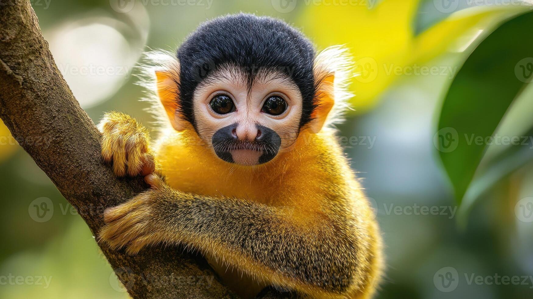 Black-capped squirrel monkey hanging on a tree branch photo