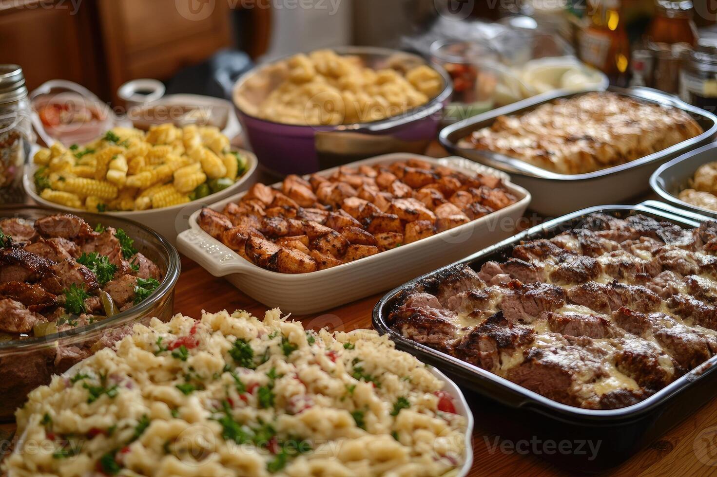 Catering buffet table displaying variety of delicious food for party guests photo