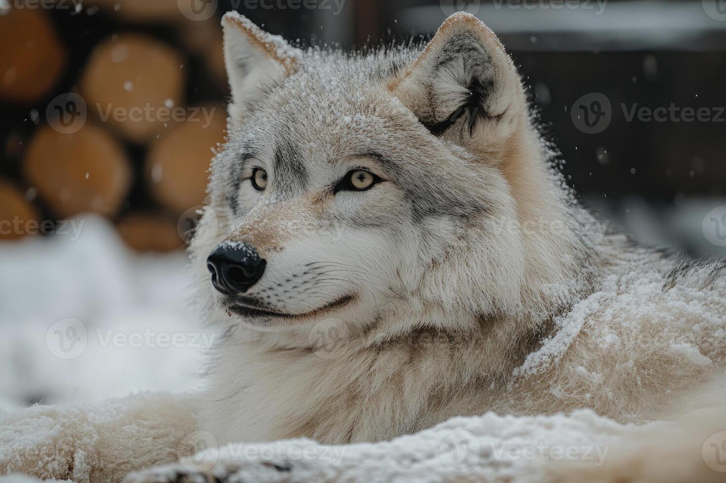 Majestic wolf relaxing in snowy wonderland photo