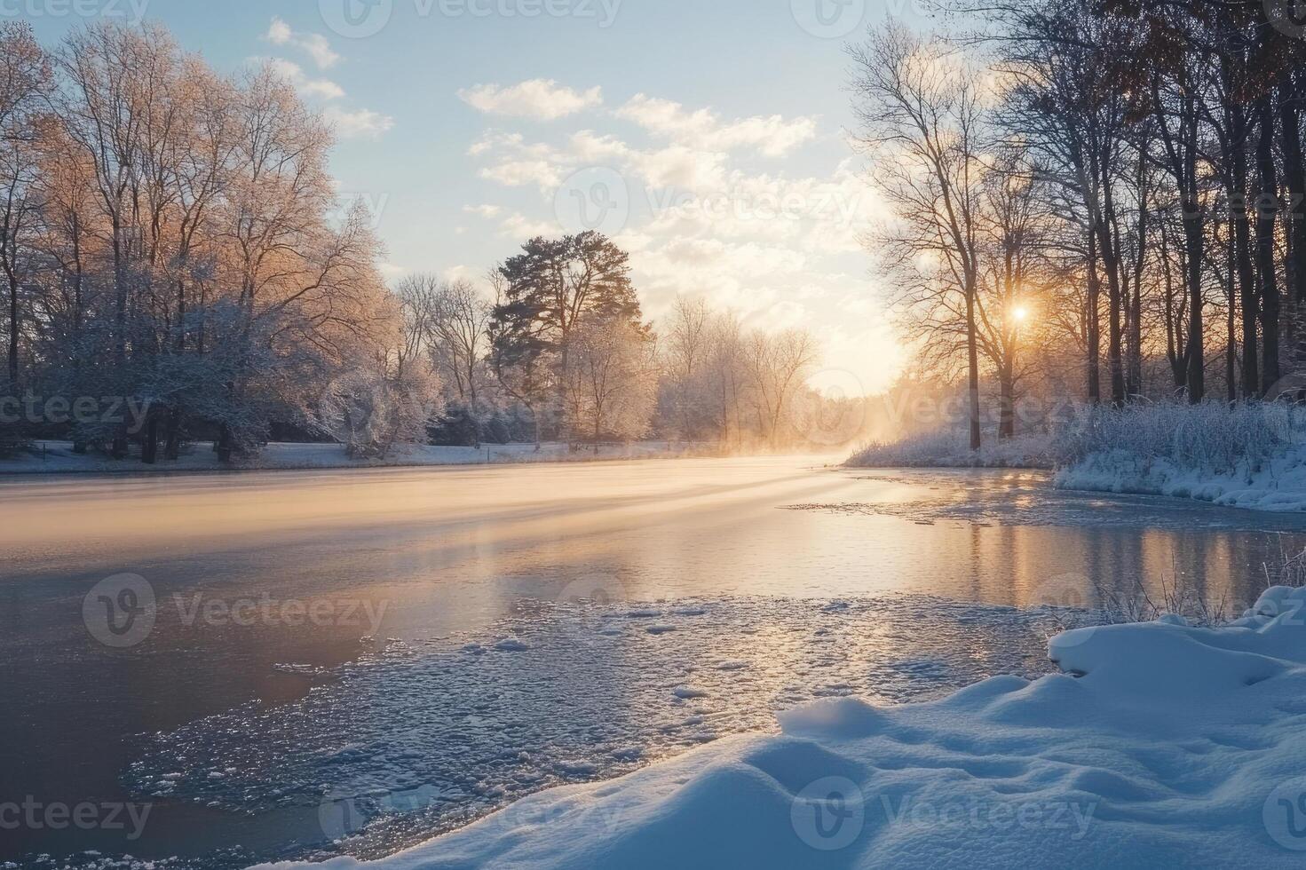 Frozen river reflecting winter sunrise light through snow covered trees photo