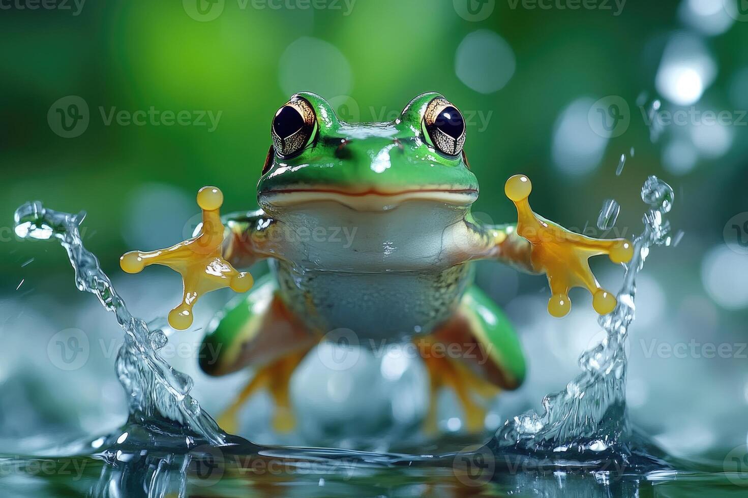 Green tree frog jumping out of water with splashing droplets photo
