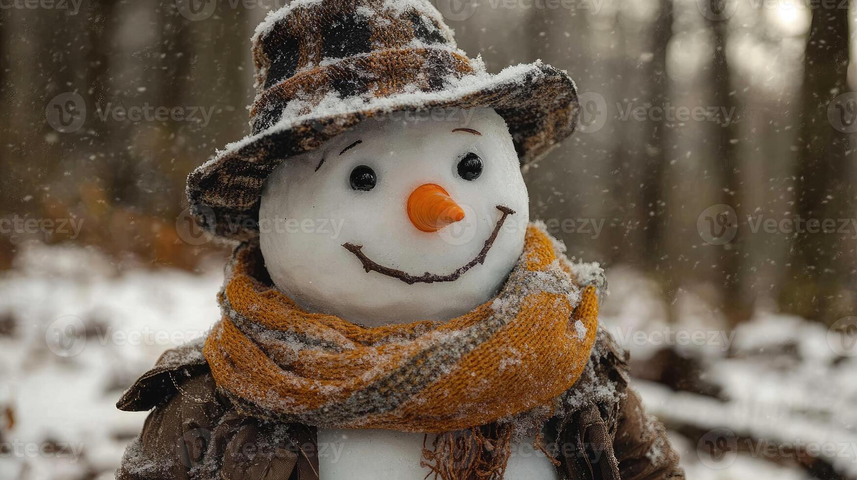 Snowman wearing hat and scarf enjoying winter snowfall photo