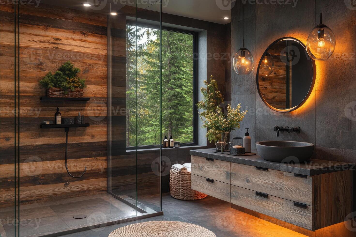 Modern bathroom showing rustic elegance with forest view and ambient lighting photo