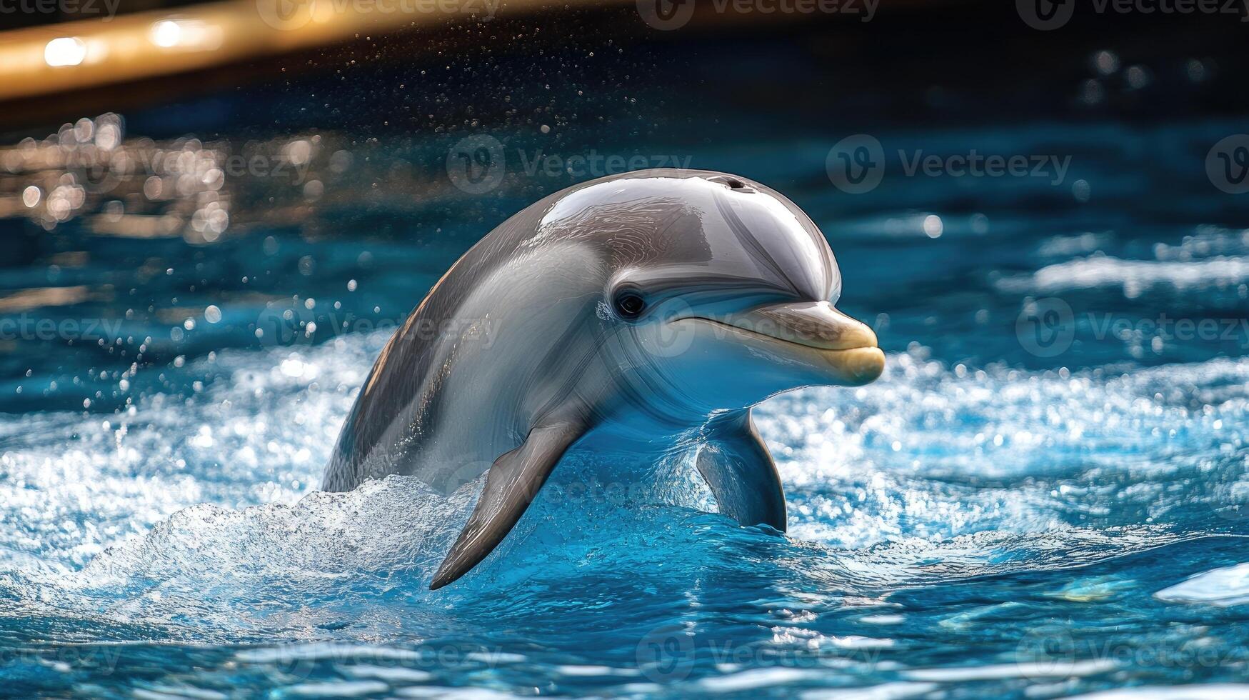 Dolphin emerging from clear blue water in a pool photo