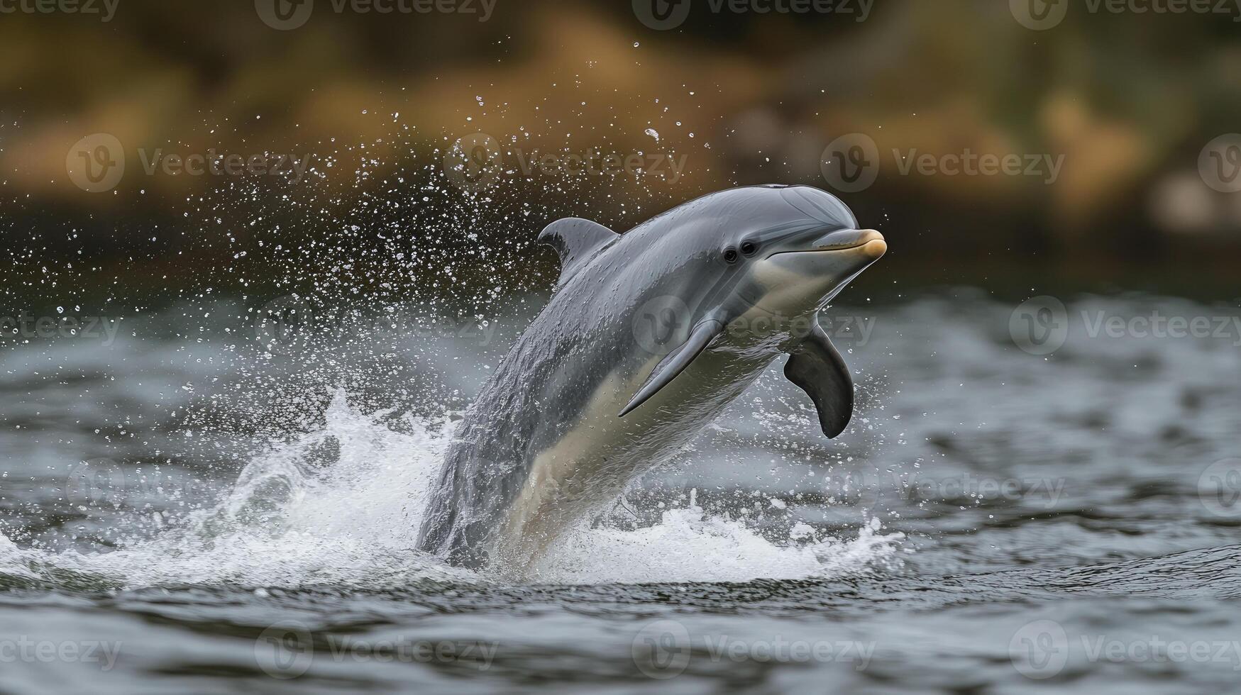 Dolphin emerging from clear blue water in a pool photo