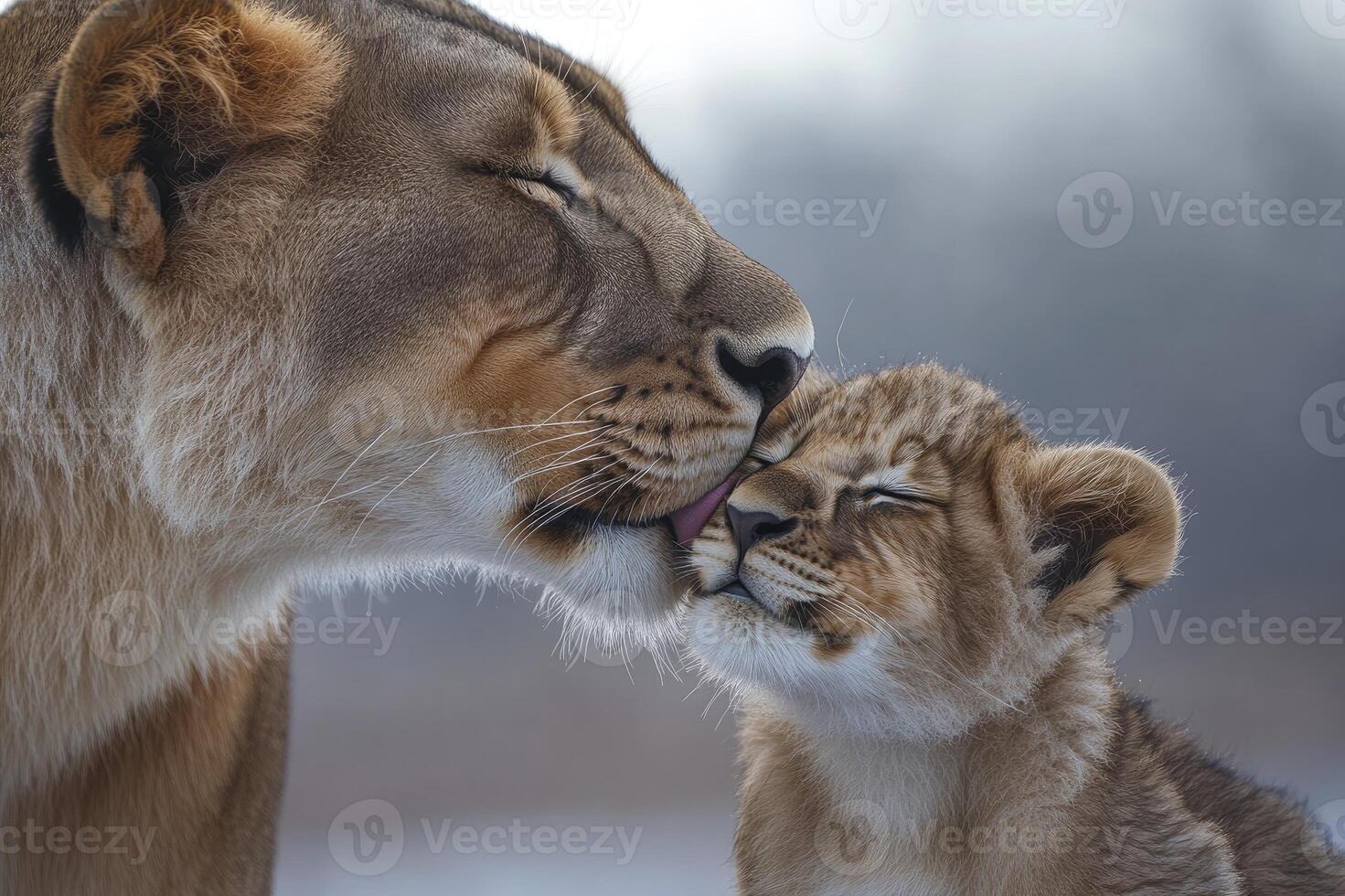 Lioness licking her cub showing affection and care in winter landscape photo