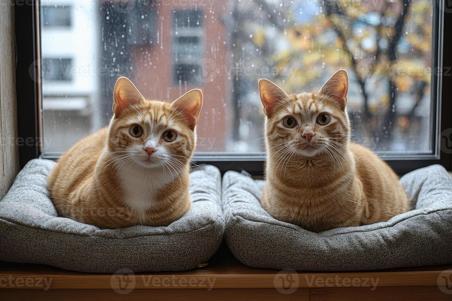 Two cats relaxing on pillows by window with plants photo