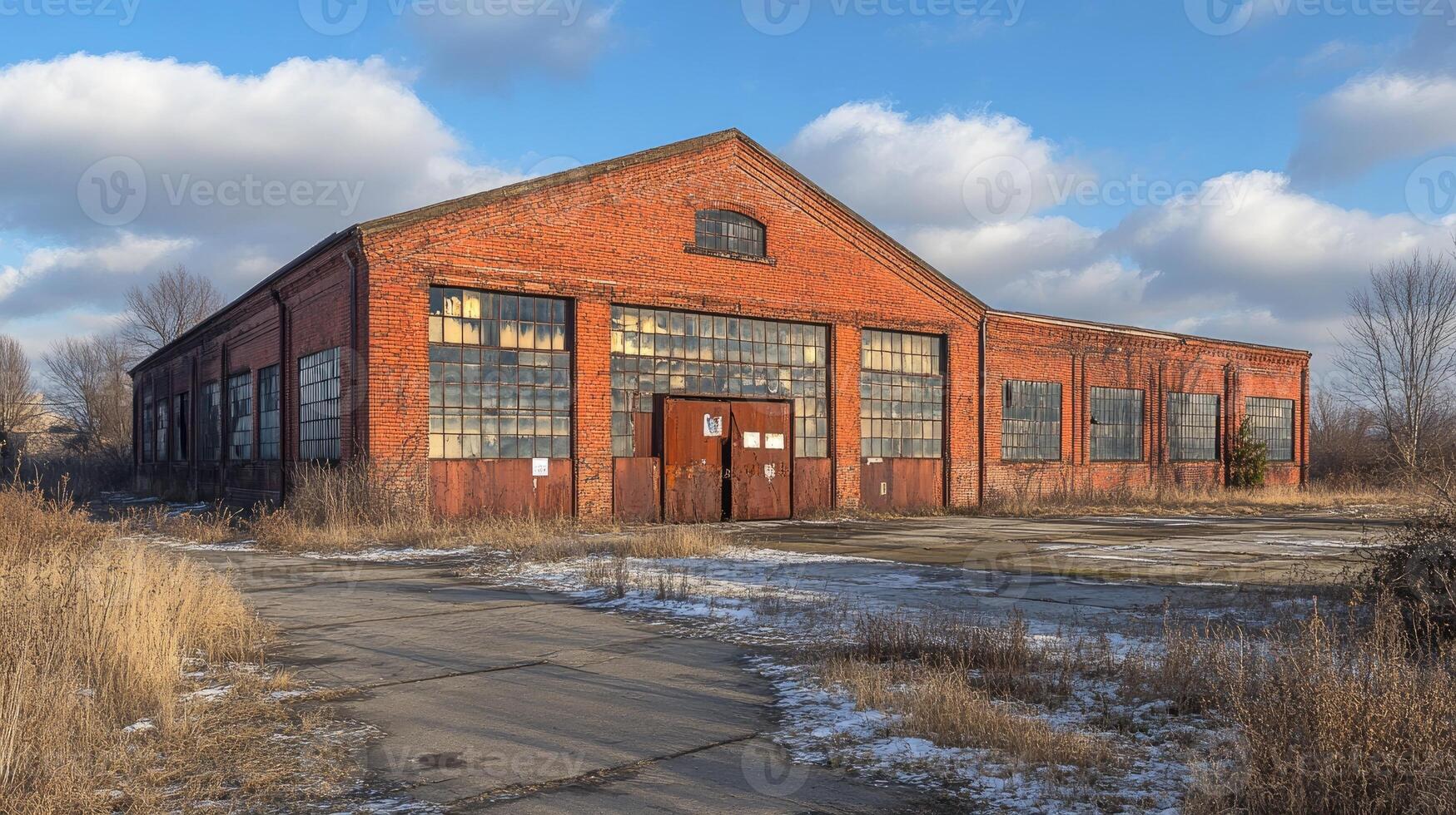 Abandoned red brick warehouse building with broken windows and rusty doors in winter photo