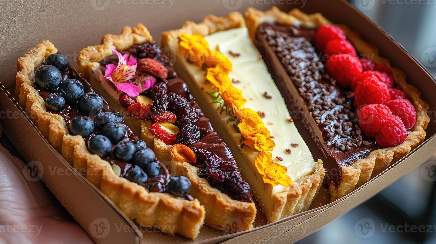 Pastry chef is showing a box of delicious triangle-shaped tarts with various toppings photo