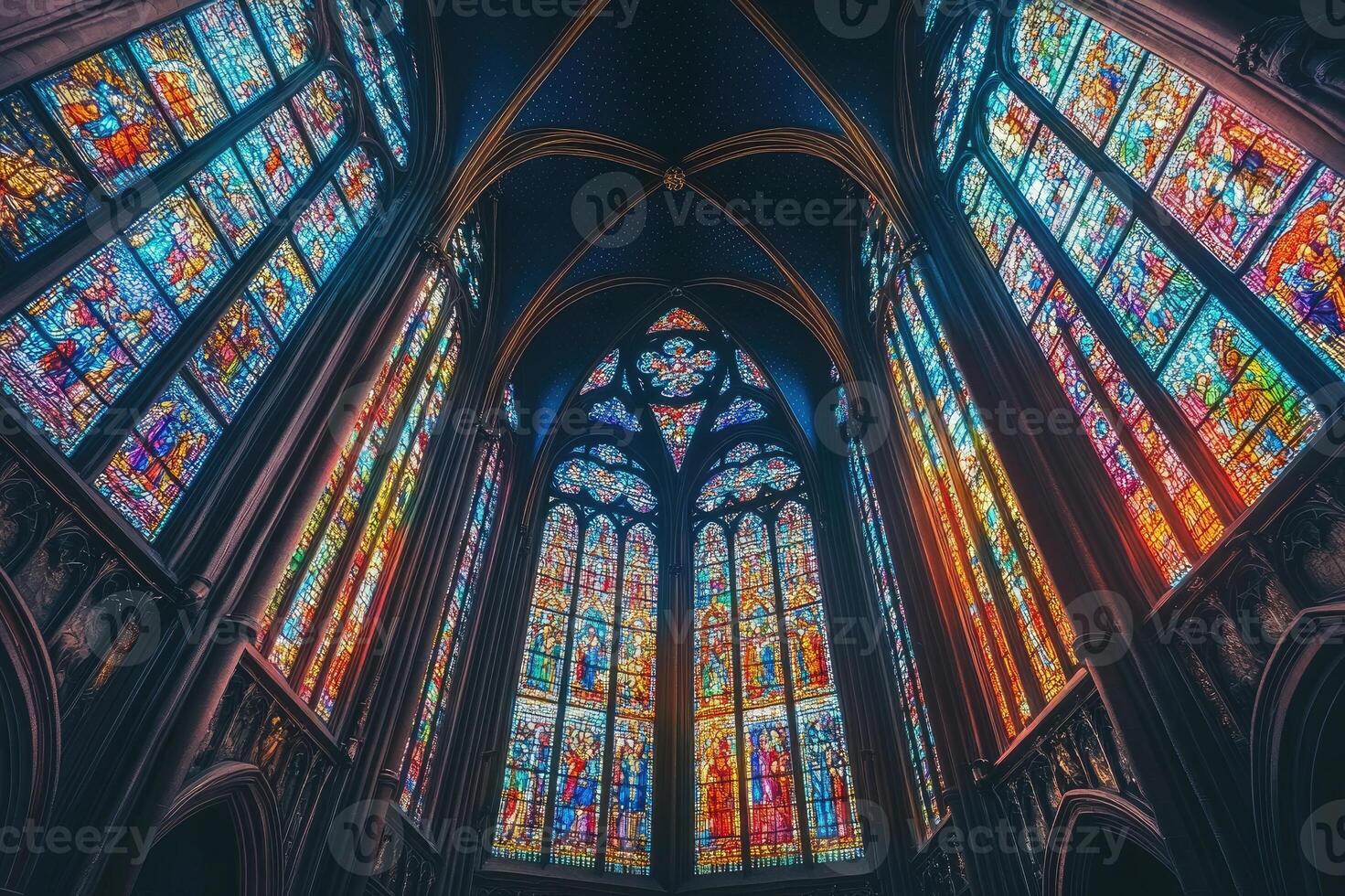 Sainte-chapelle stained glass windows illuminating gothic architecture with vivid colors photo