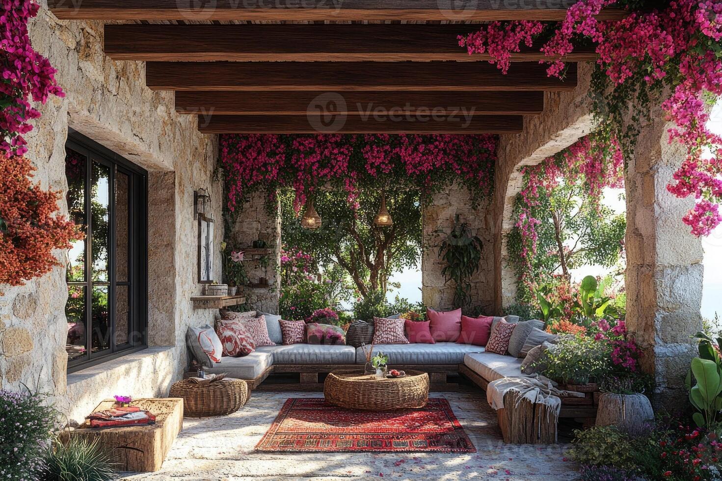 Bougainvillea blooming on pergola overlooking tranquil ocean view in cozy patio photo