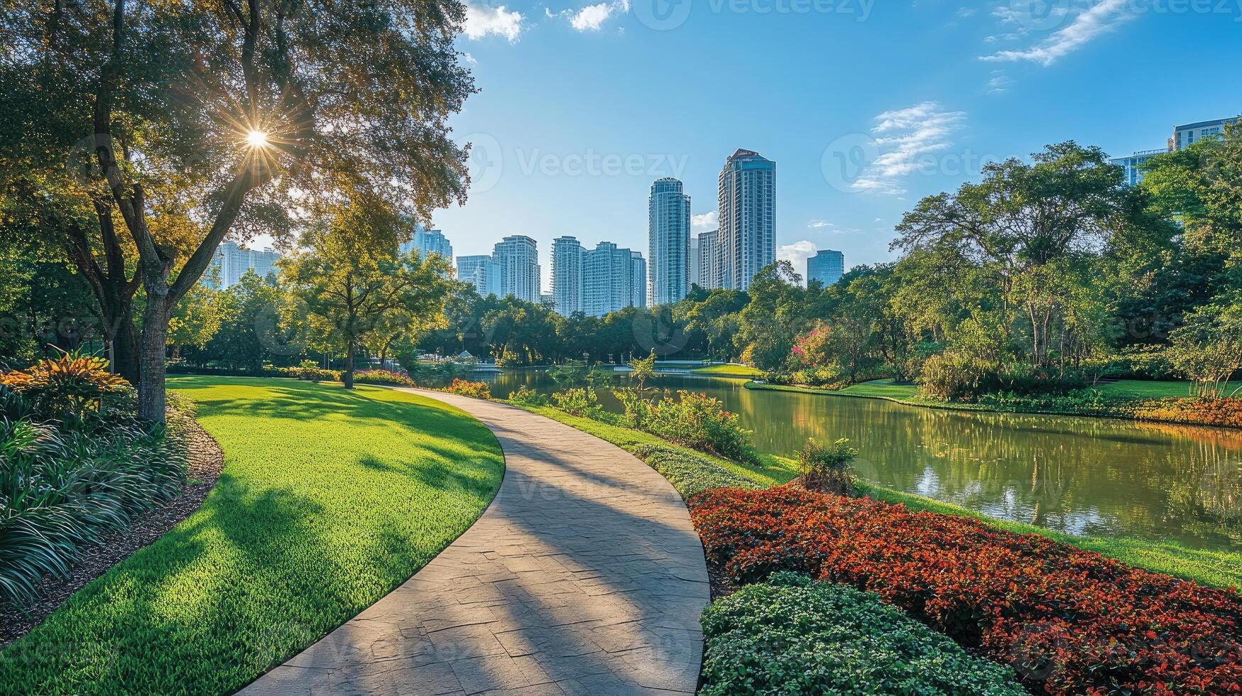 Sun shining through trees in a green city park with lake and skyscrapers photo
