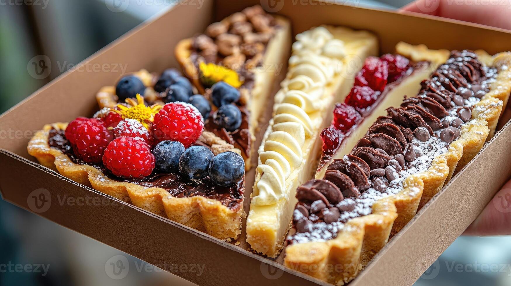 Pastry chef is showing a box of delicious triangle-shaped tarts with various toppings photo