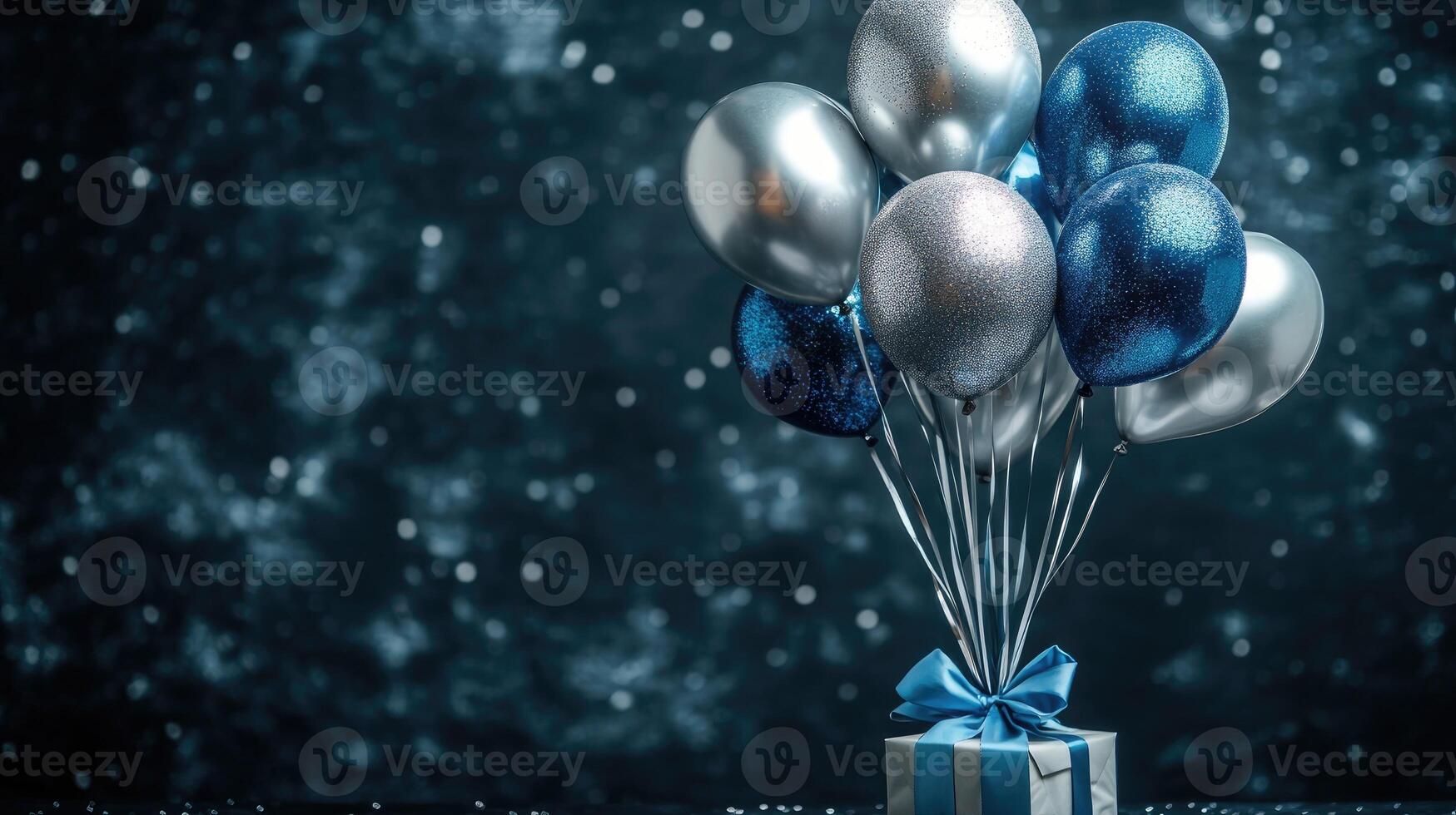 Gift box with blue and silver confetti balloons on black background photo