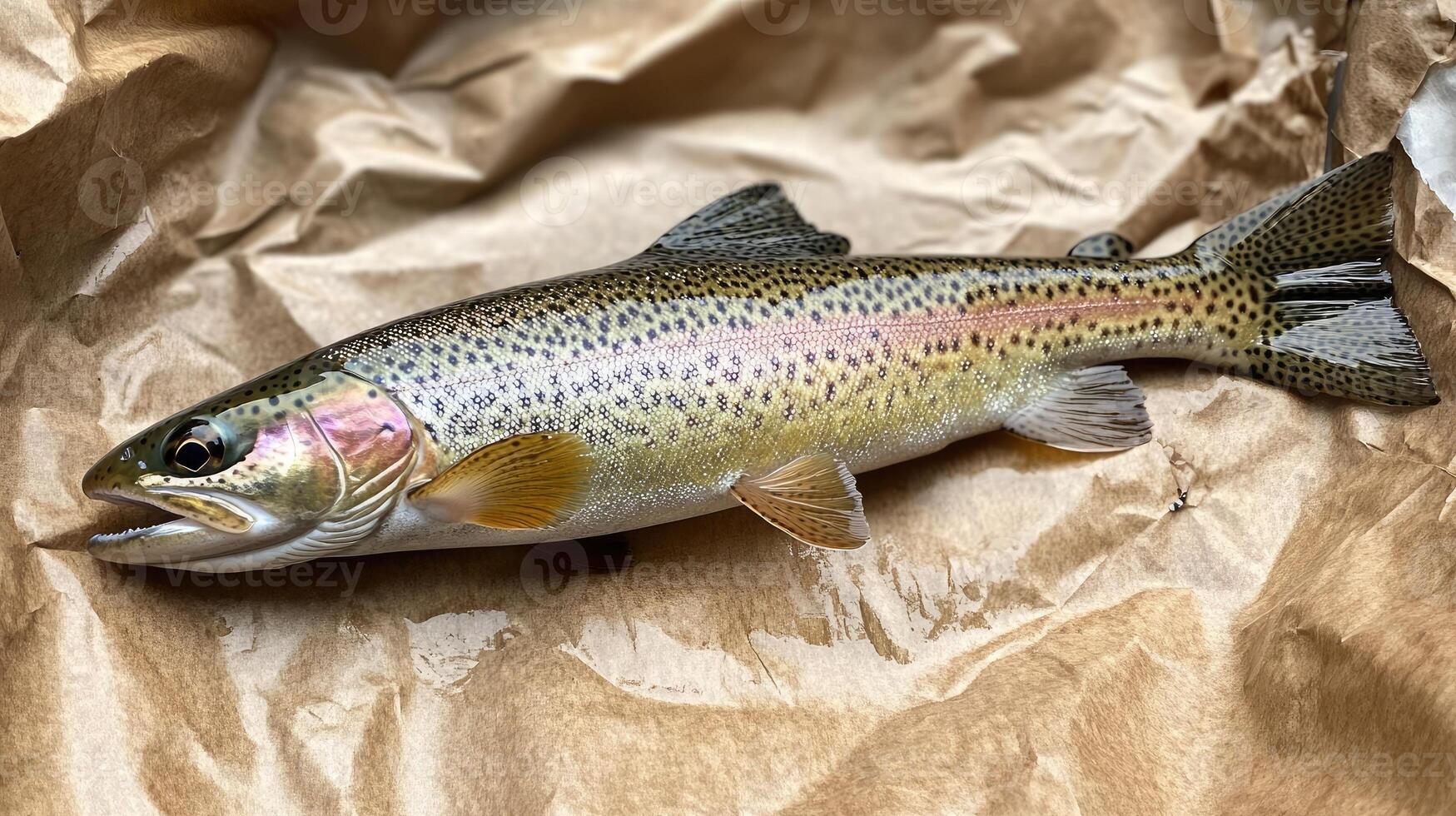 Freshly caught rainbow trout resting on brown paper photo