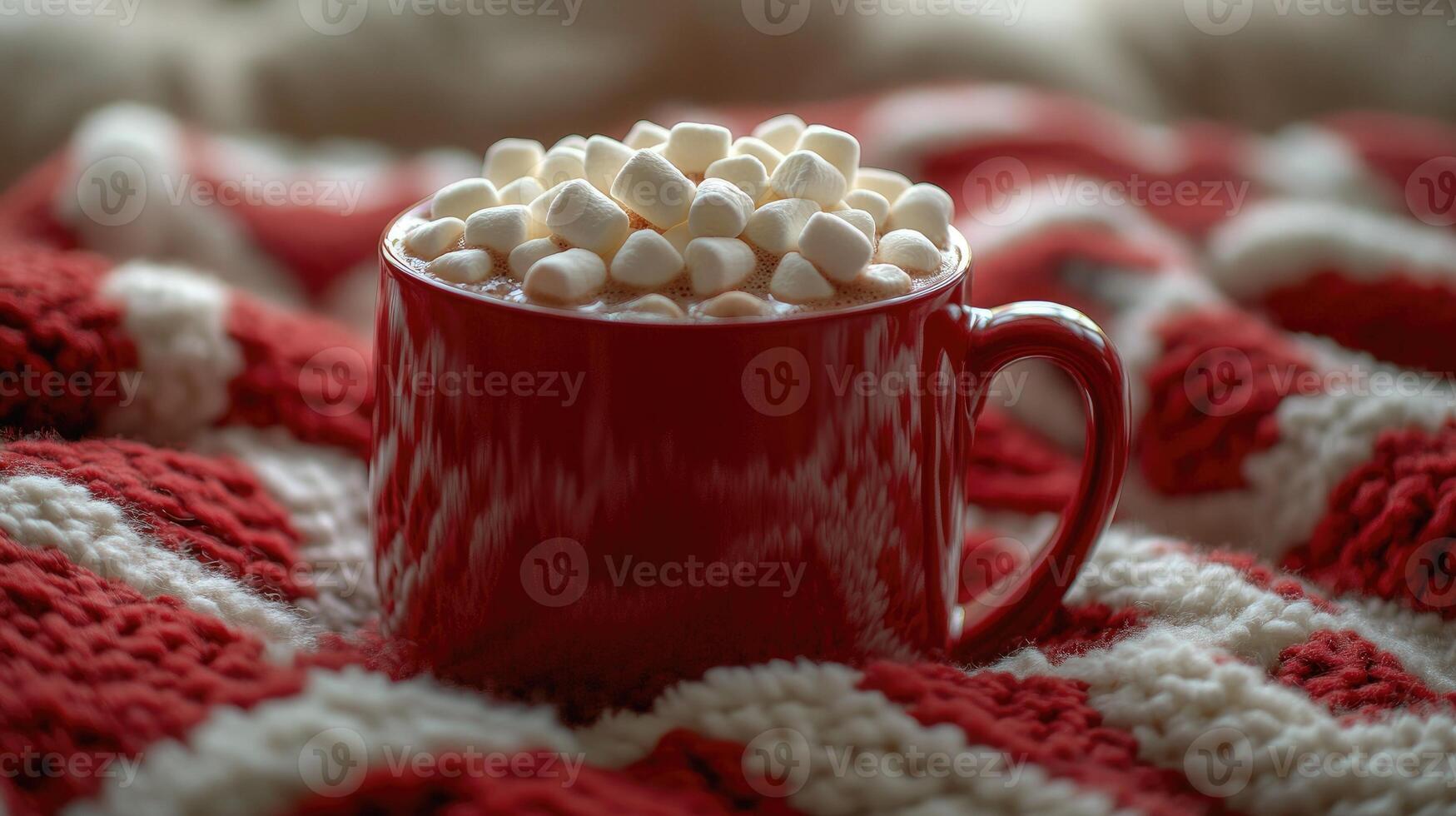 Red mug with hot chocolate and marshmallows warming on a cozy christmas blanket photo