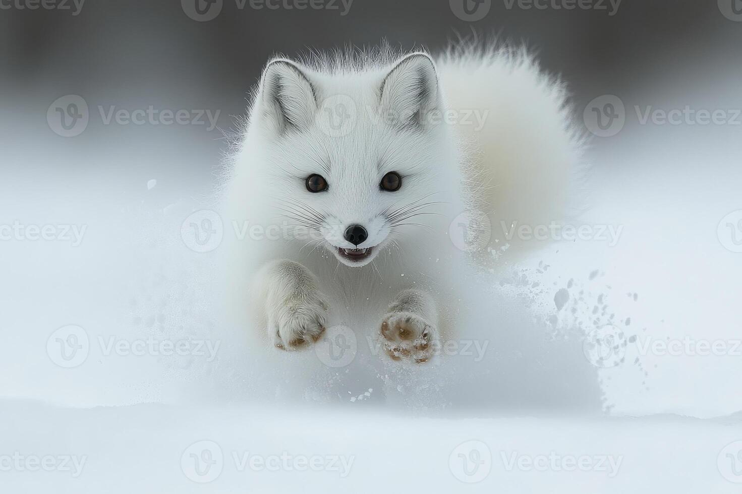 Arctic fox jumping in the snow with blurred background photo