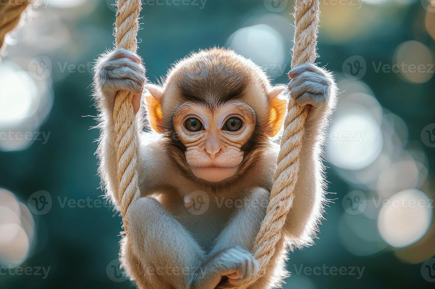Baby monkey hanging on rope swinging and playing photo