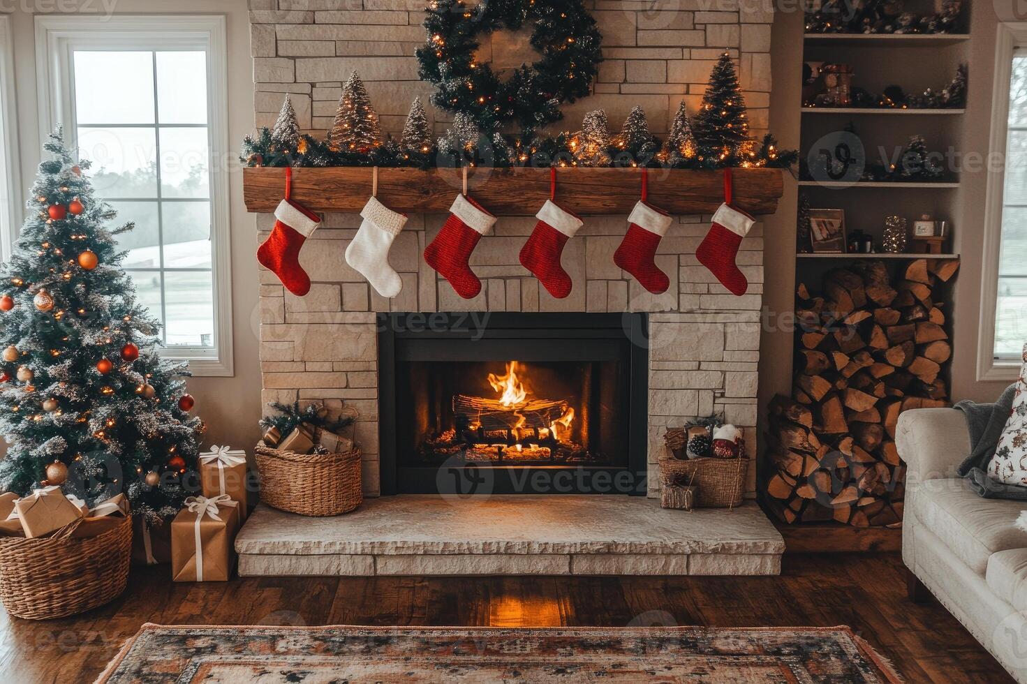 Christmas stockings hanging on fireplace mantel in cozy living room photo