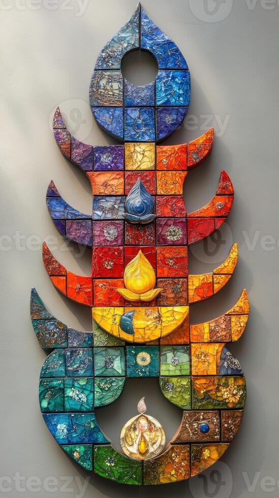 Colorful mosaic artwork depicting abstract shapes and symbols photo