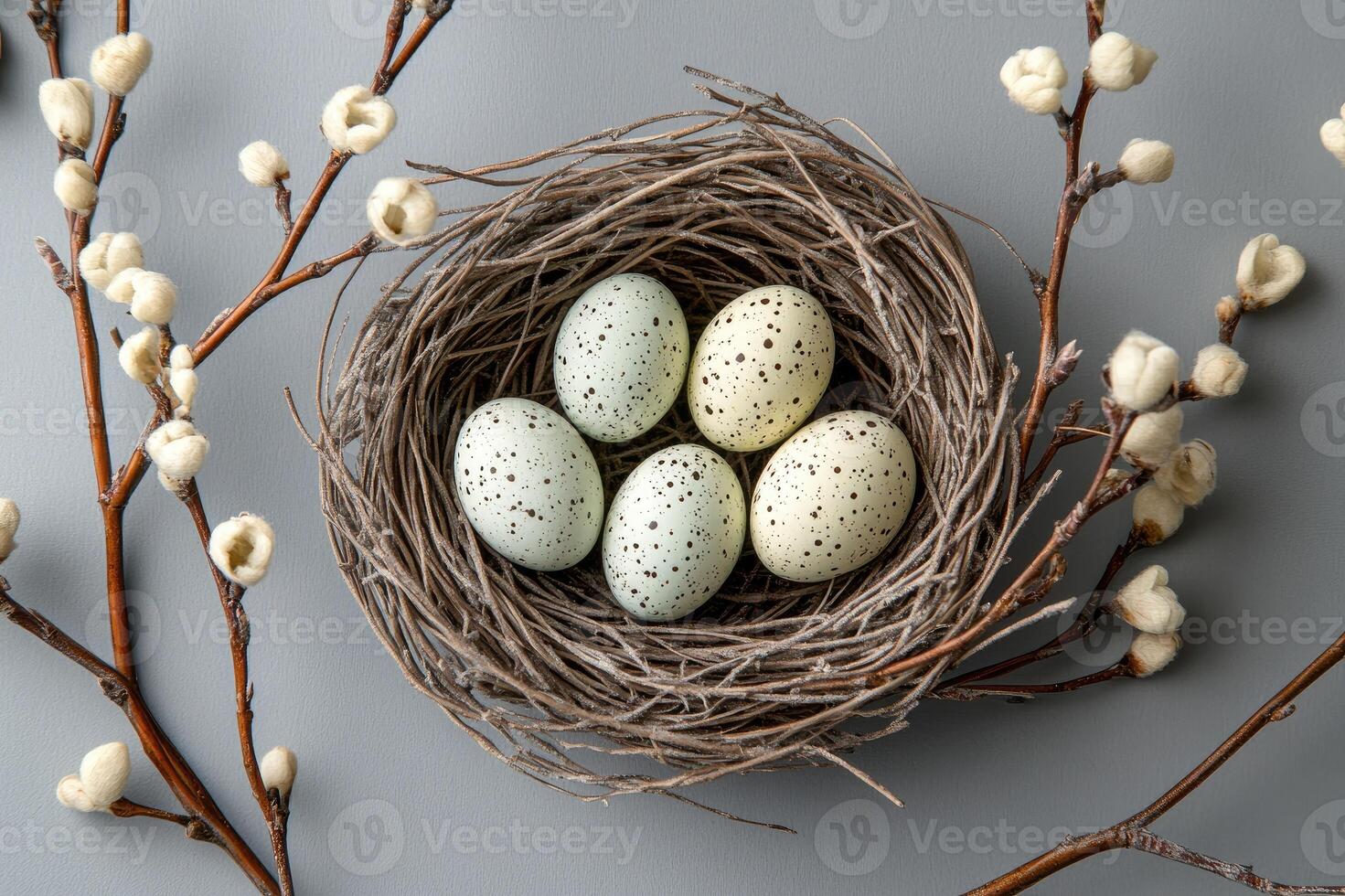Easter eggs nestled in a bird's nest symbolize new life and the arrival of spring photo
