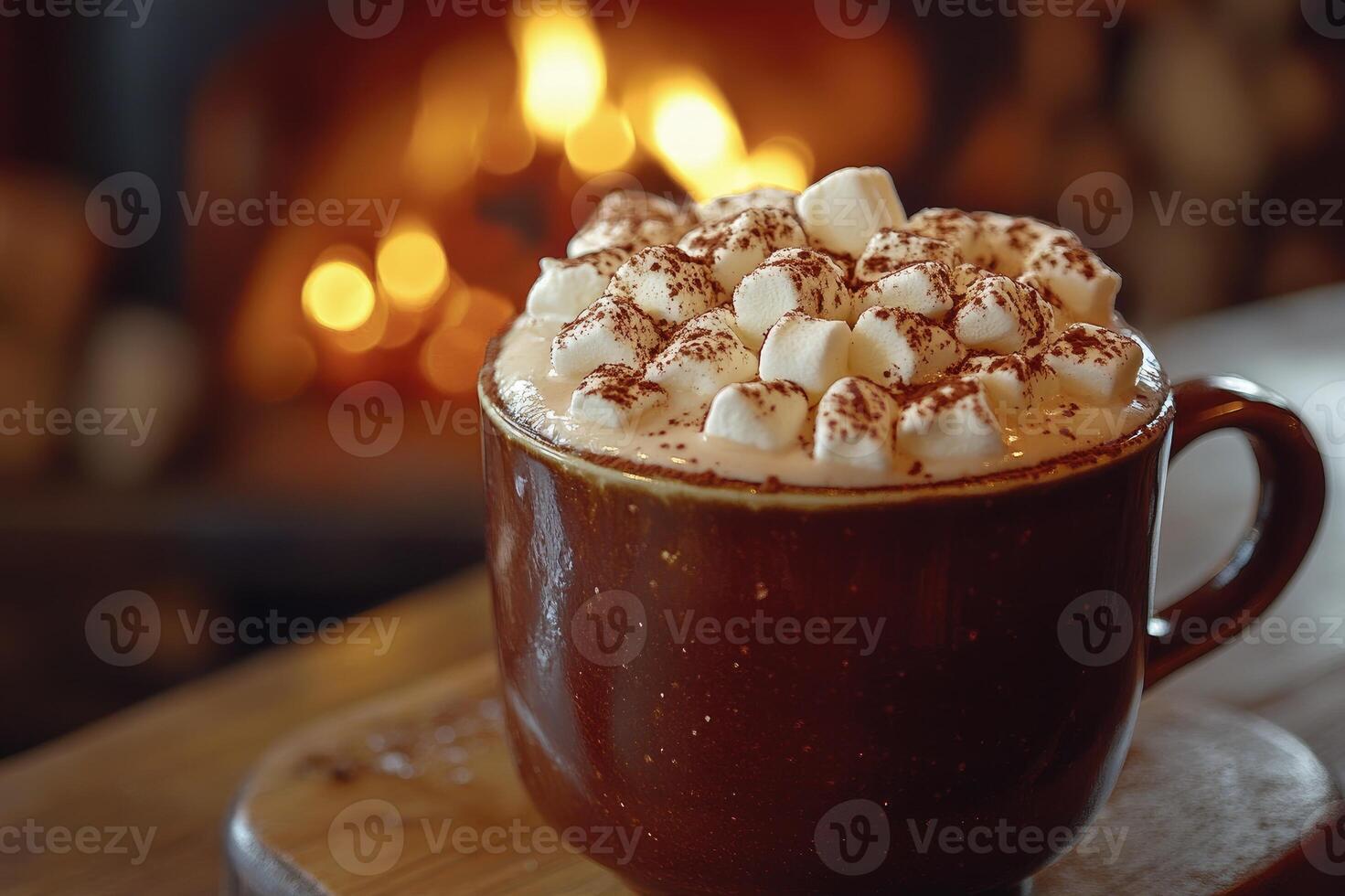 Hot chocolate with marshmallows warming by cozy fireplace photo