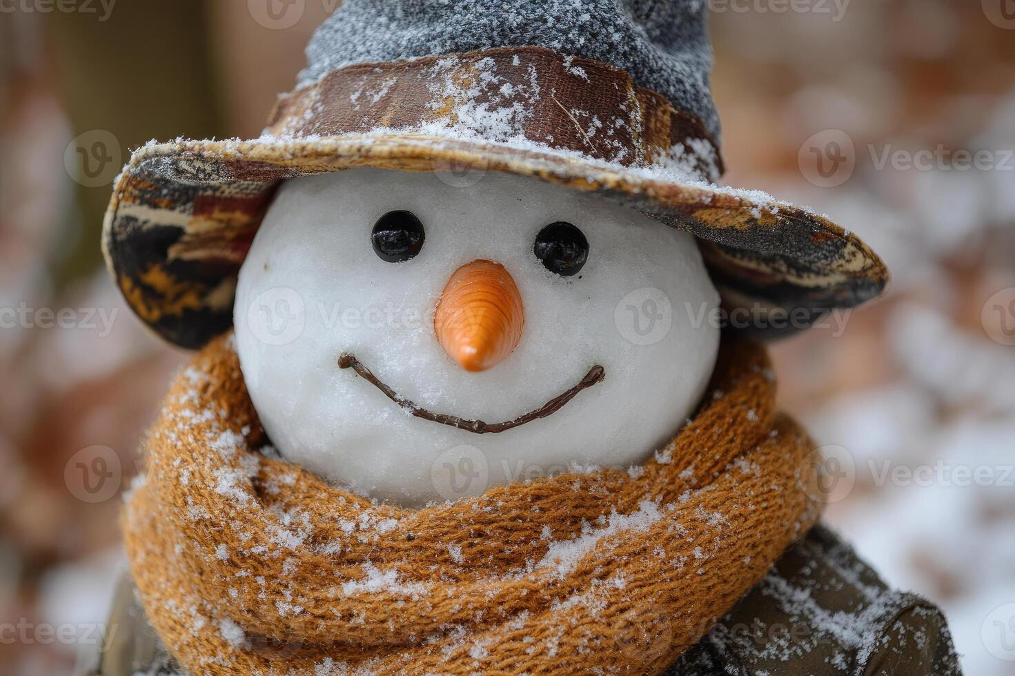 Snowman wearing hat and scarf enjoying winter snowfall photo