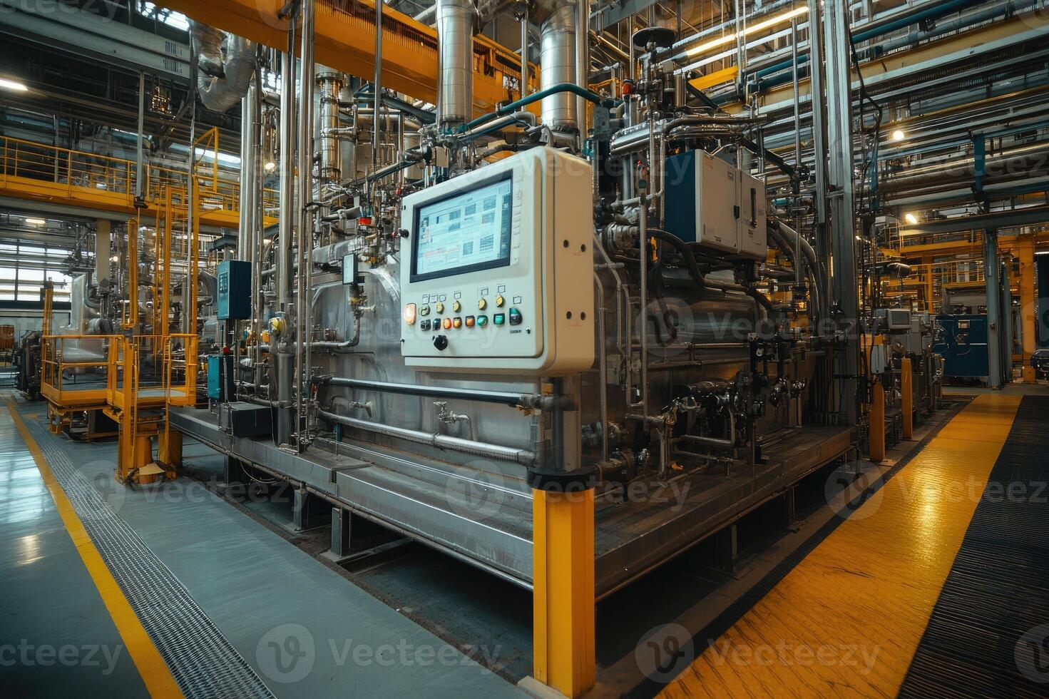 Modern industrial equipment showing control panel and pipes in factory photo