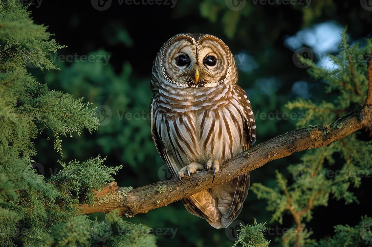 Barred owl perching on branch in forest photo