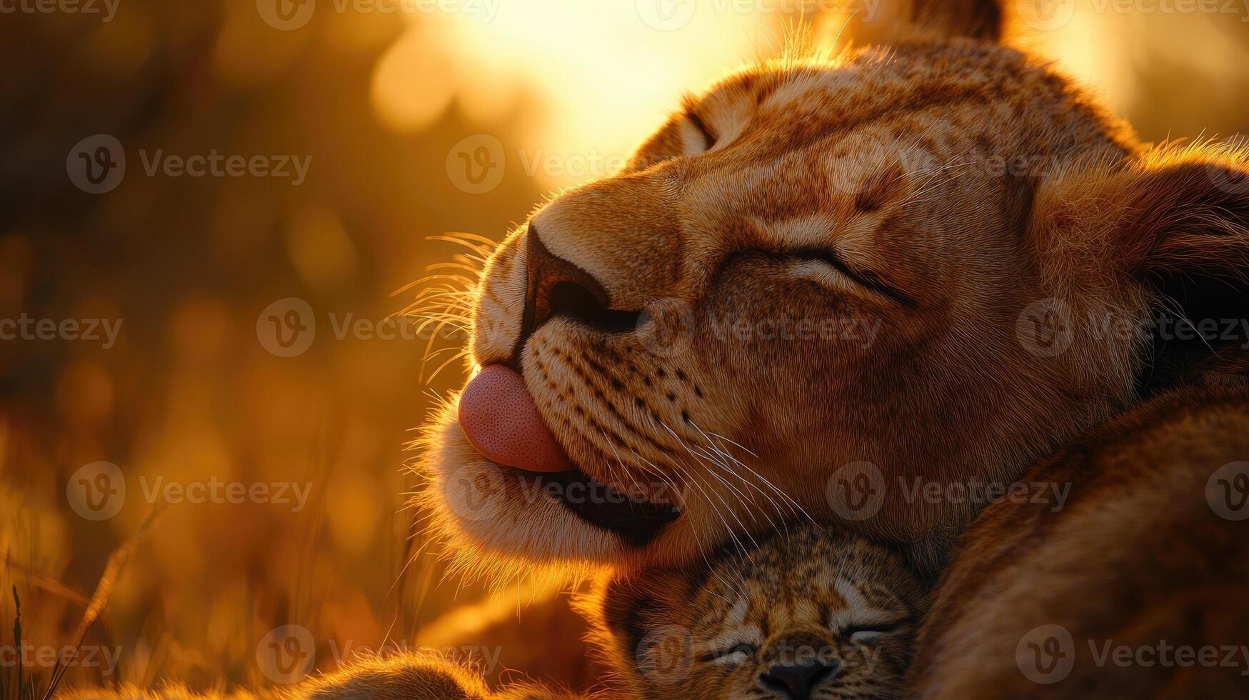 Lioness licking her cub in the african savanna at sunset showing motherly love photo