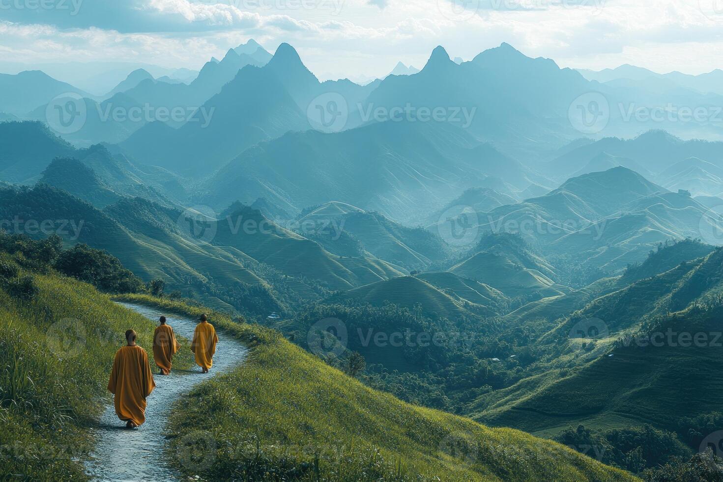 Buddhist monks walking on a mountain path in ha giang, vietnam photo