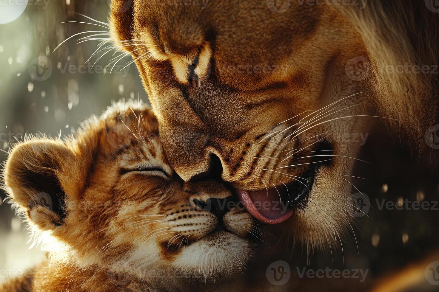 Lioness licking her cub showing affection in the wild photo